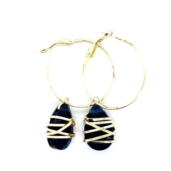 Gold Hoops Black Stone Dangle Earrings - Picture 1 of 5